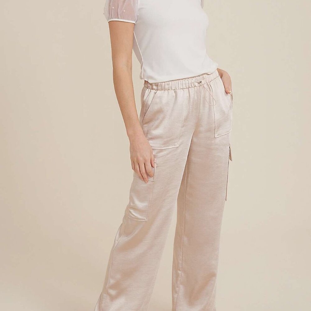 Satin High Rise Cargo Wide-Leg Pants & Cream Paisely Gladiator Block Heel Sandal